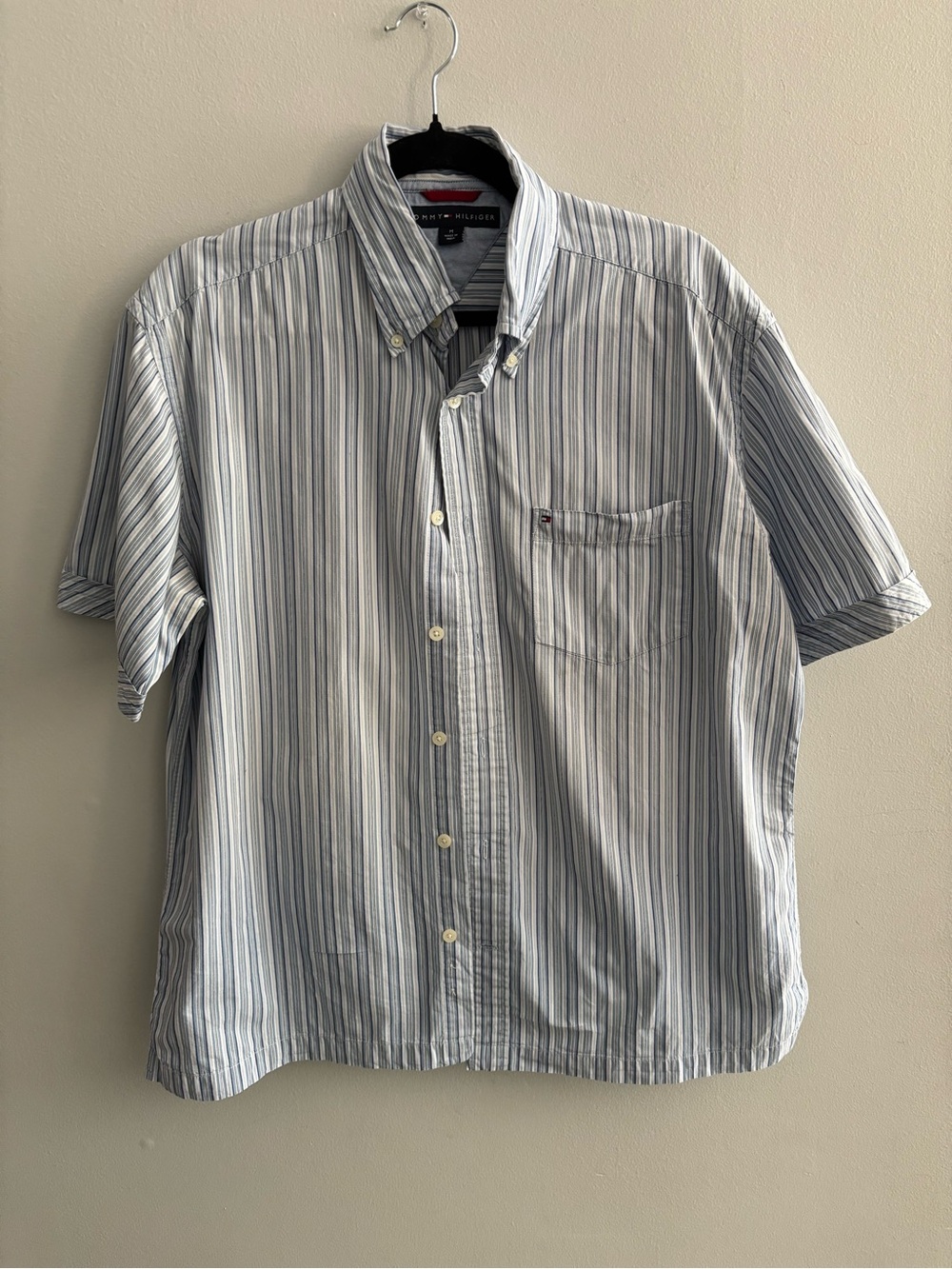 Vintage Y2K Preppy Tommy Hilfiger Striped Short Sleeve Button Down Shirt Blue M